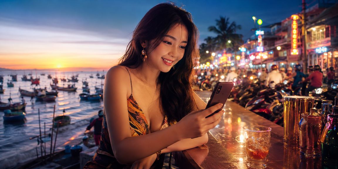 Người dùng tại bãi biển Mũi Né xem thông tin tiền thưởng trên điện thoại